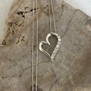 Sterling Silver 925 DJC 1" Diamond Open Heart Pendant Necklace 18" Box Chain